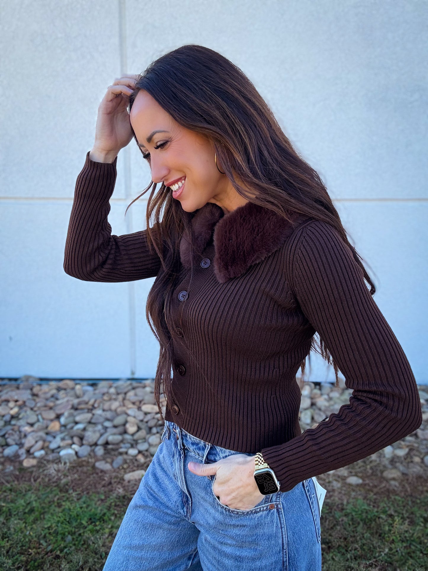 Fur Collared Cardigan Sweater - BROWN