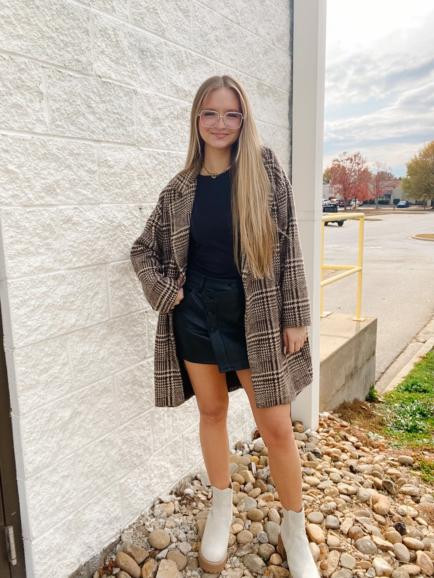 Cedar Ridge Houndstooth Plaid Coat - Brown/Cream