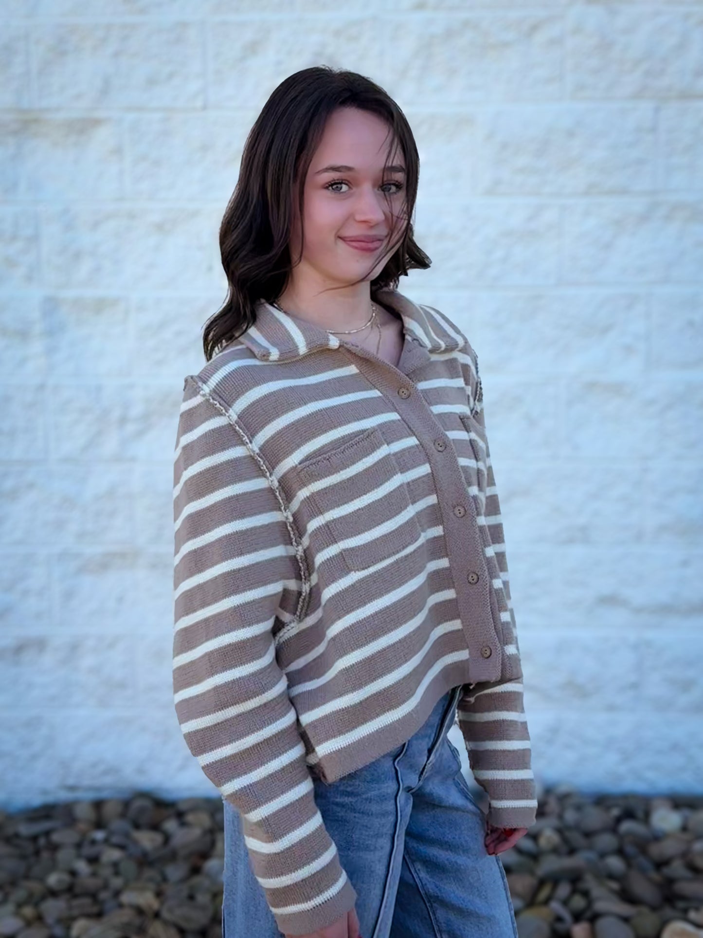 Stripe Ease Knit Sweater Cardigan- TAUPE/CREAM