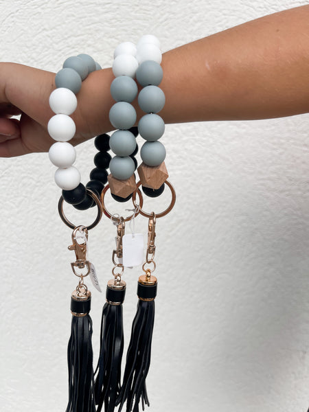 Silicone Beaded Key Ring with Tassel - BLACK