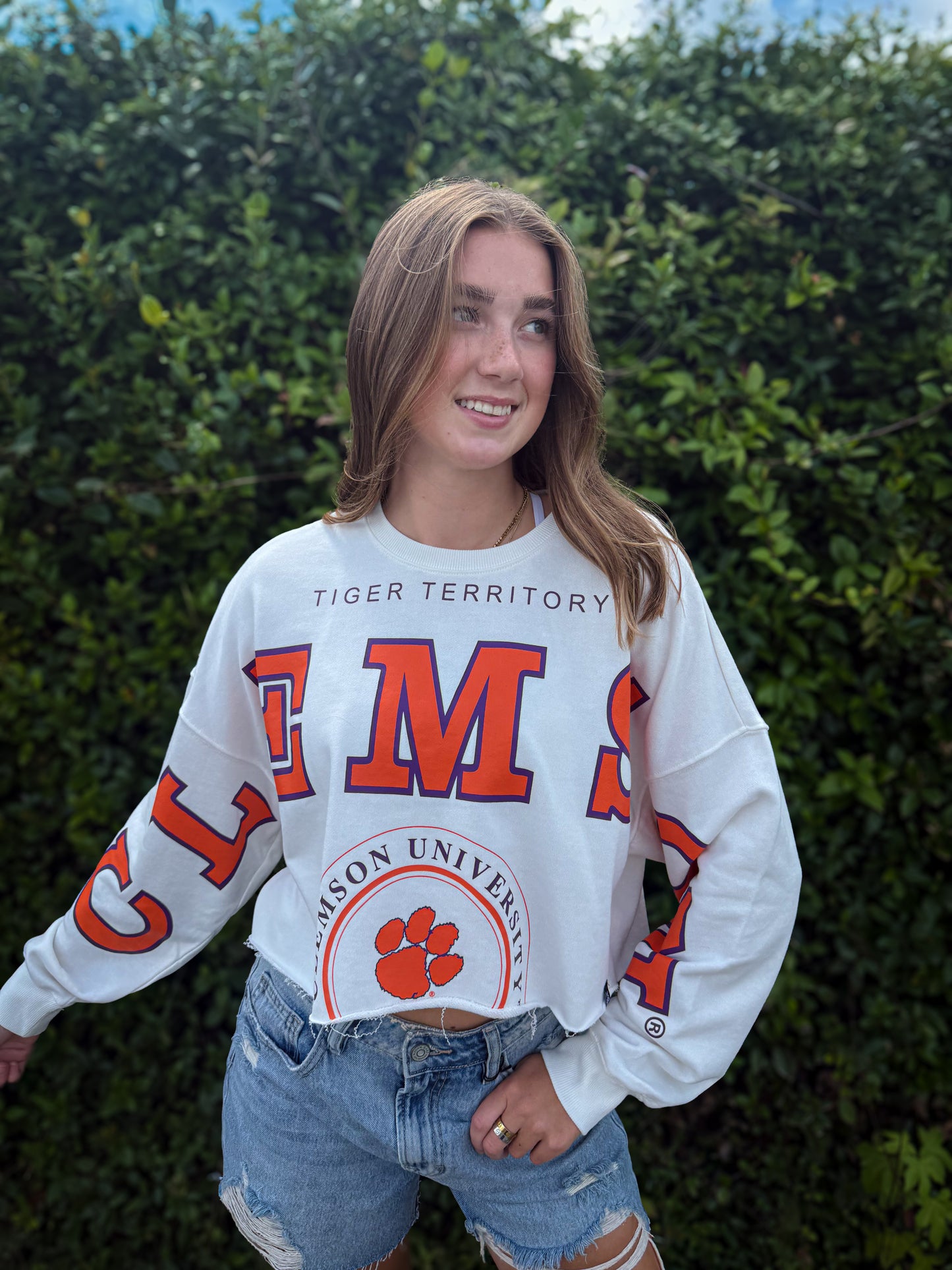 Clemson Cropped Raw Hem Long Sleeve