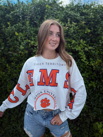 Clemson Cropped Raw Hem Long Sleeve