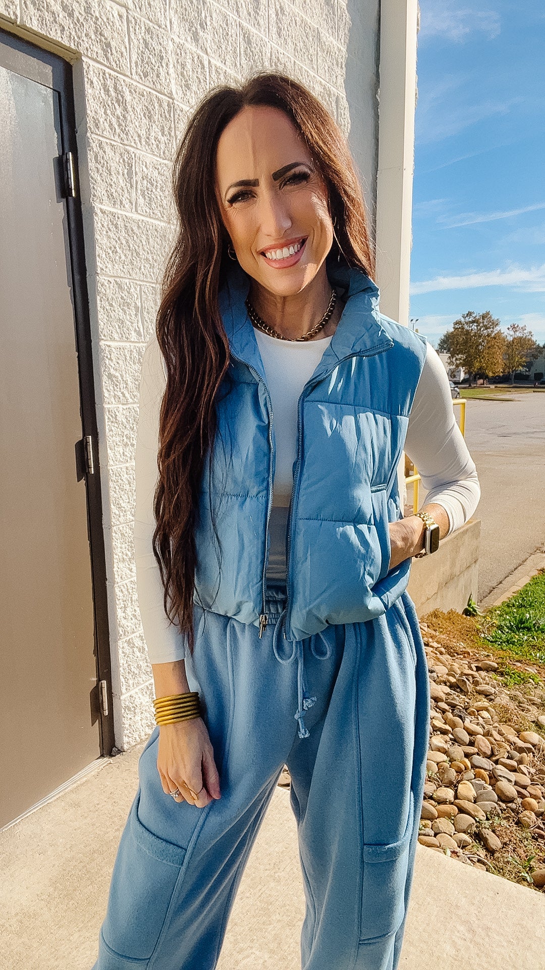 Cropped Puffer Vest - Dusty Blue