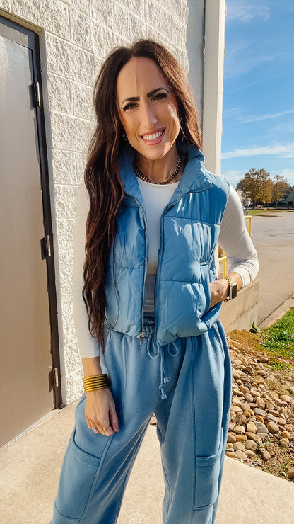 Cropped Puffer Vest - Dusty Blue