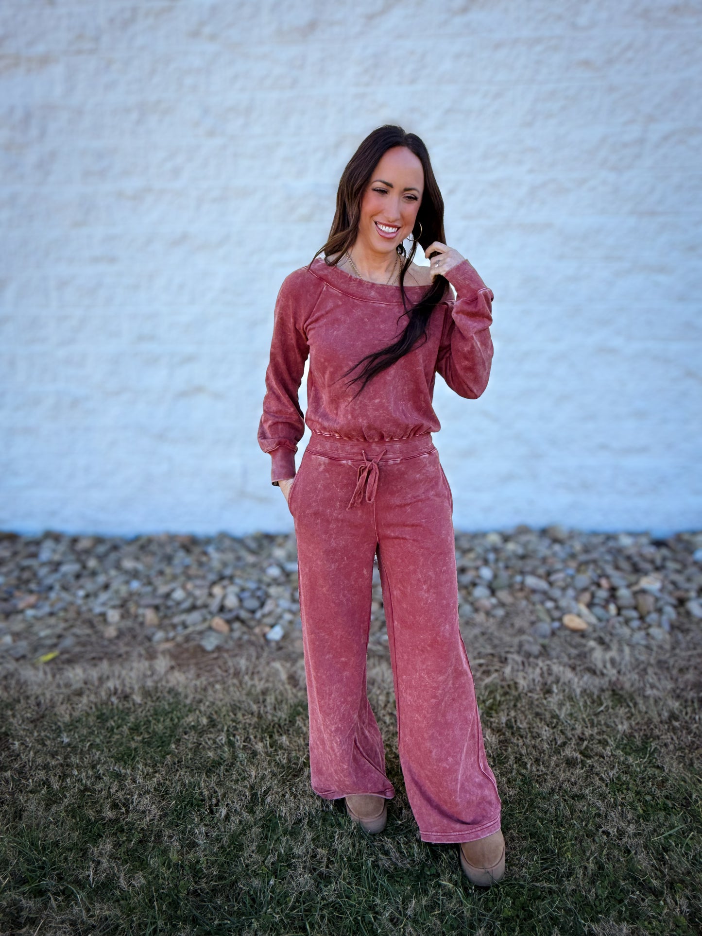 Effortless Off The Shoulder Jumpsuit - Washed Berry