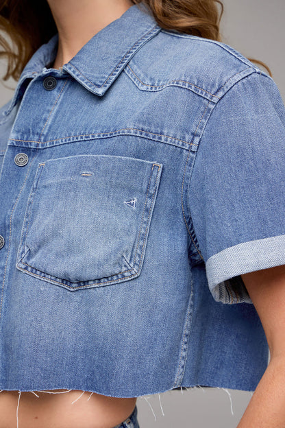 Hidden - Abbey Medium Wash Super Soft Boxy Cropped Shirt