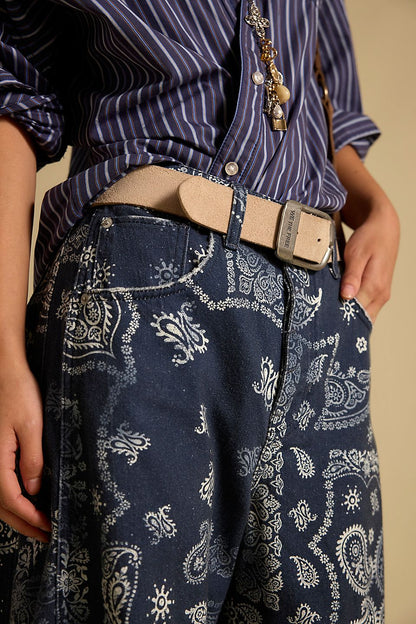 Free People - Good Luck Printed Barrel Jeans - NAVY BANDANA