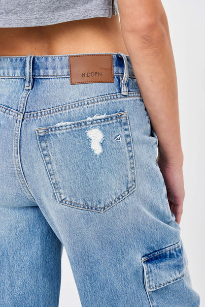 Hidden - NORI - Cargo Moto 33" Inseam Wide Leg Jean - Light Wash