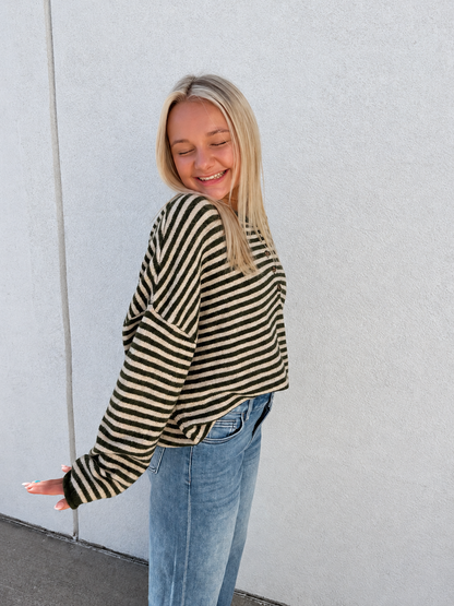Weekend Stripe Henley Sweater –Olive Green/Cream