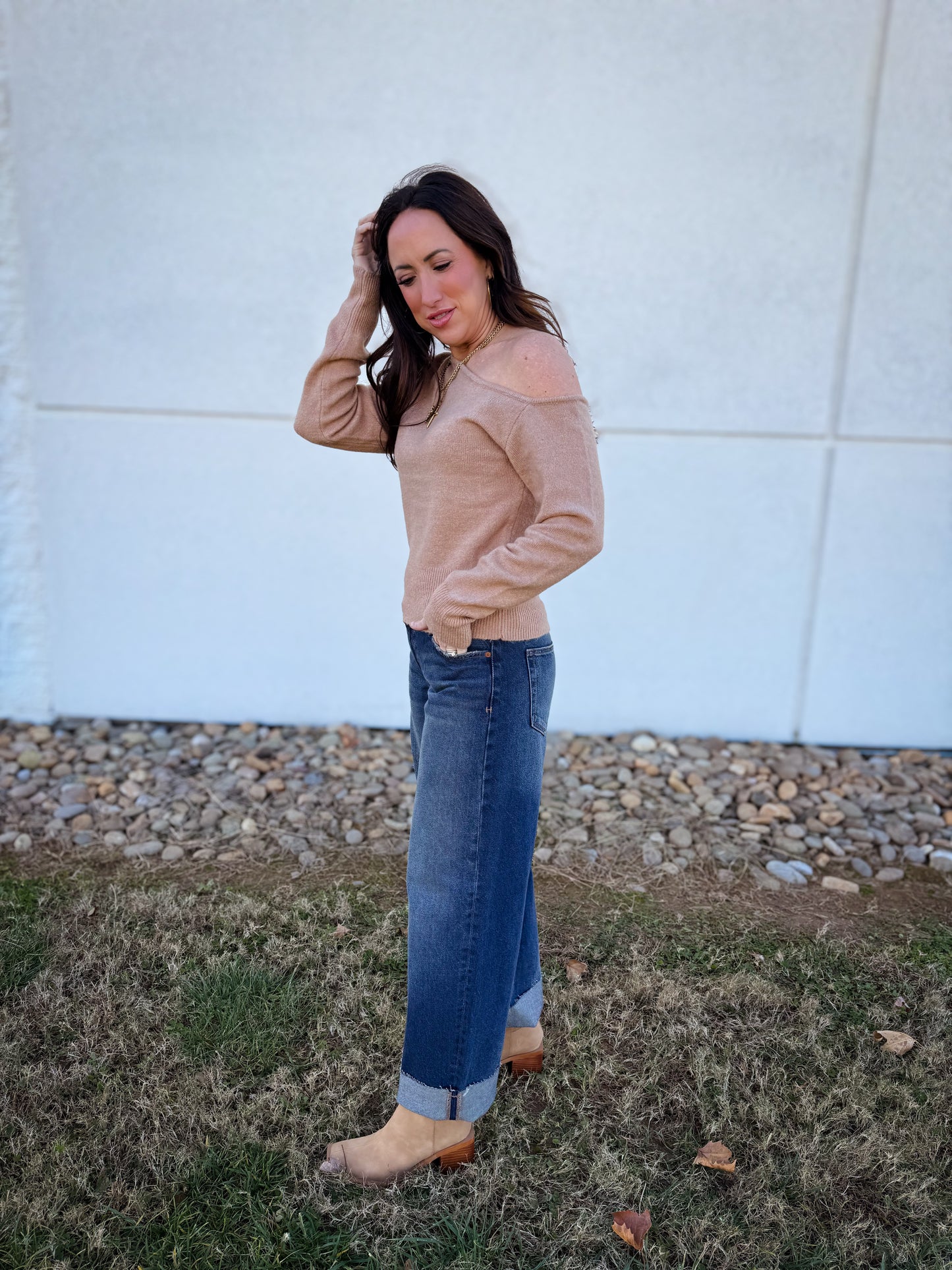 Flirty Asymmetric Off Shoulder Sweater - TAUPE