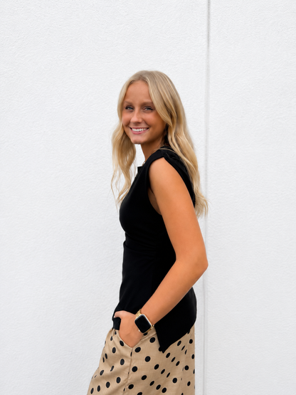 Downtown Darling Ruched Cap Sleeve Black Top