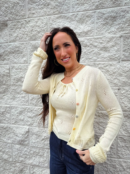 Butter yellow eyelet top and cardigan  with fun colored buttons
