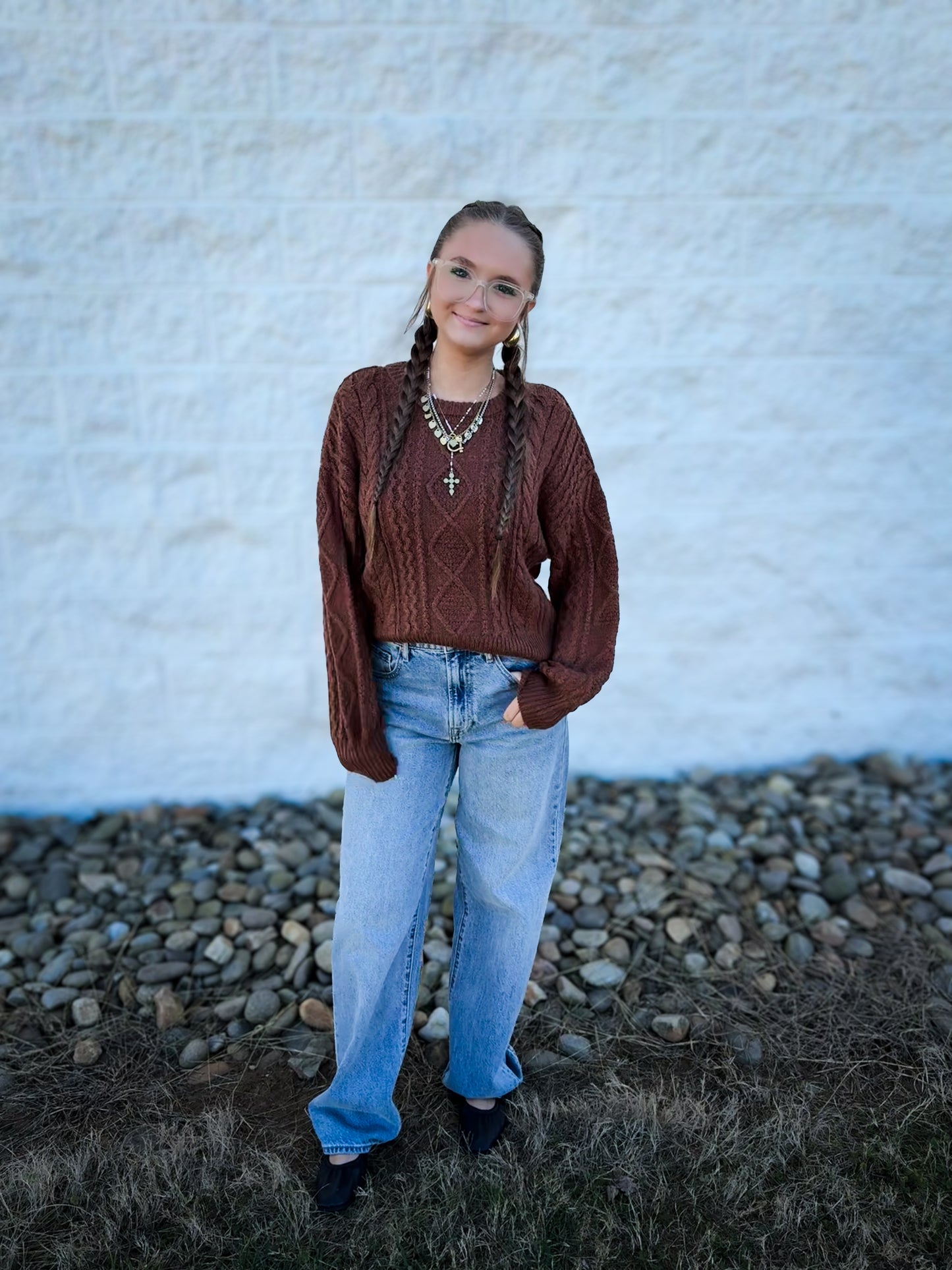 Cable Knit Balloon Sleeve Sweater - CHESTNUT