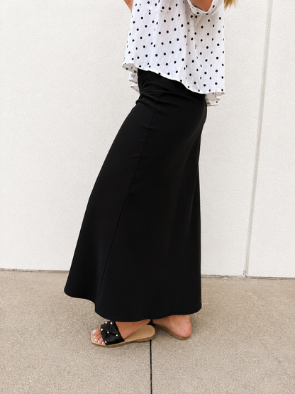 The Essential Black Satin Midi Skirt