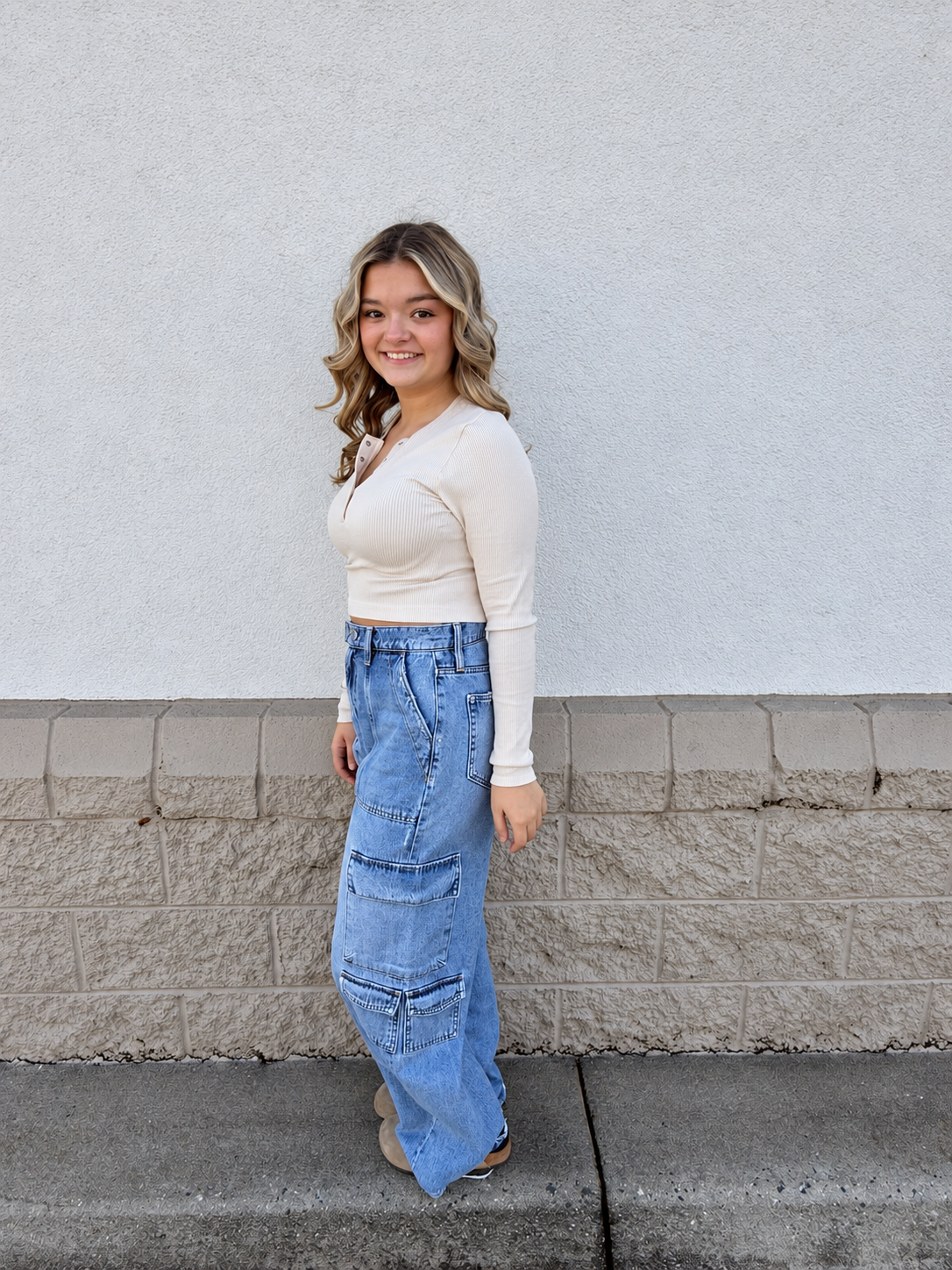 All Day Cropped Ribbed Long Sleeve Henley - Cream