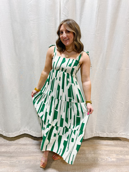 Green Tiered Abstract Midi Dress