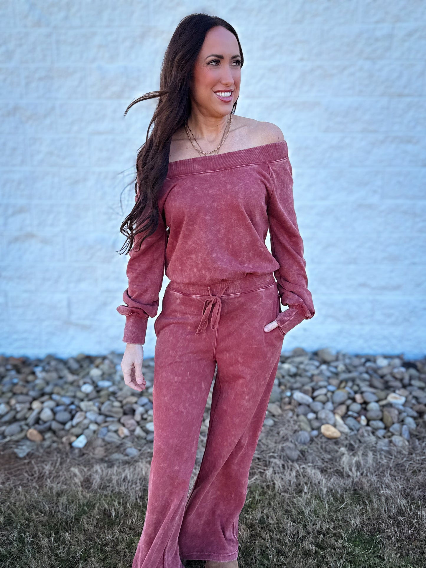 Effortless Off The Shoulder Jumpsuit - Washed Berry