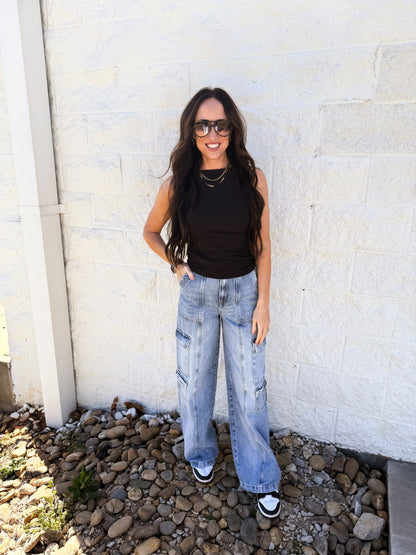 Hidden - NORI - Cargo Moto 33" Inseam Wide Leg Jean - Light Wash