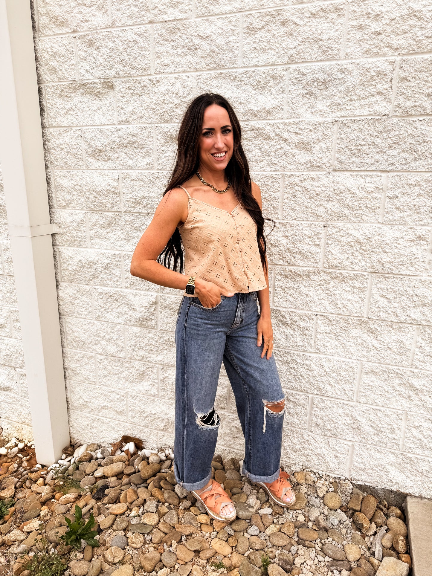 Hidden -NORI - Distressed  33" Inseam Wide Leg Jean - Medium Dark