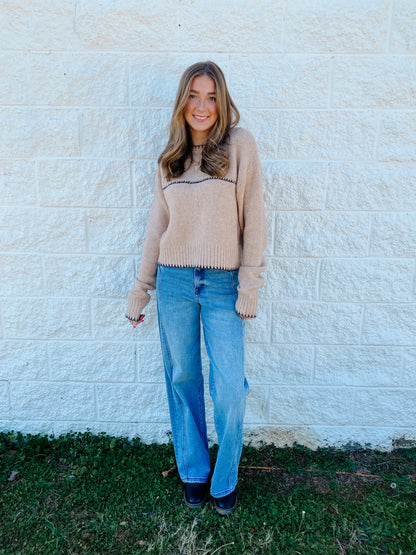 In The Details Contrast Stitch Sweater – Tan & Black