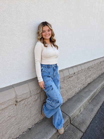 All Day Cropped Ribbed Long Sleeve Henley - Cream