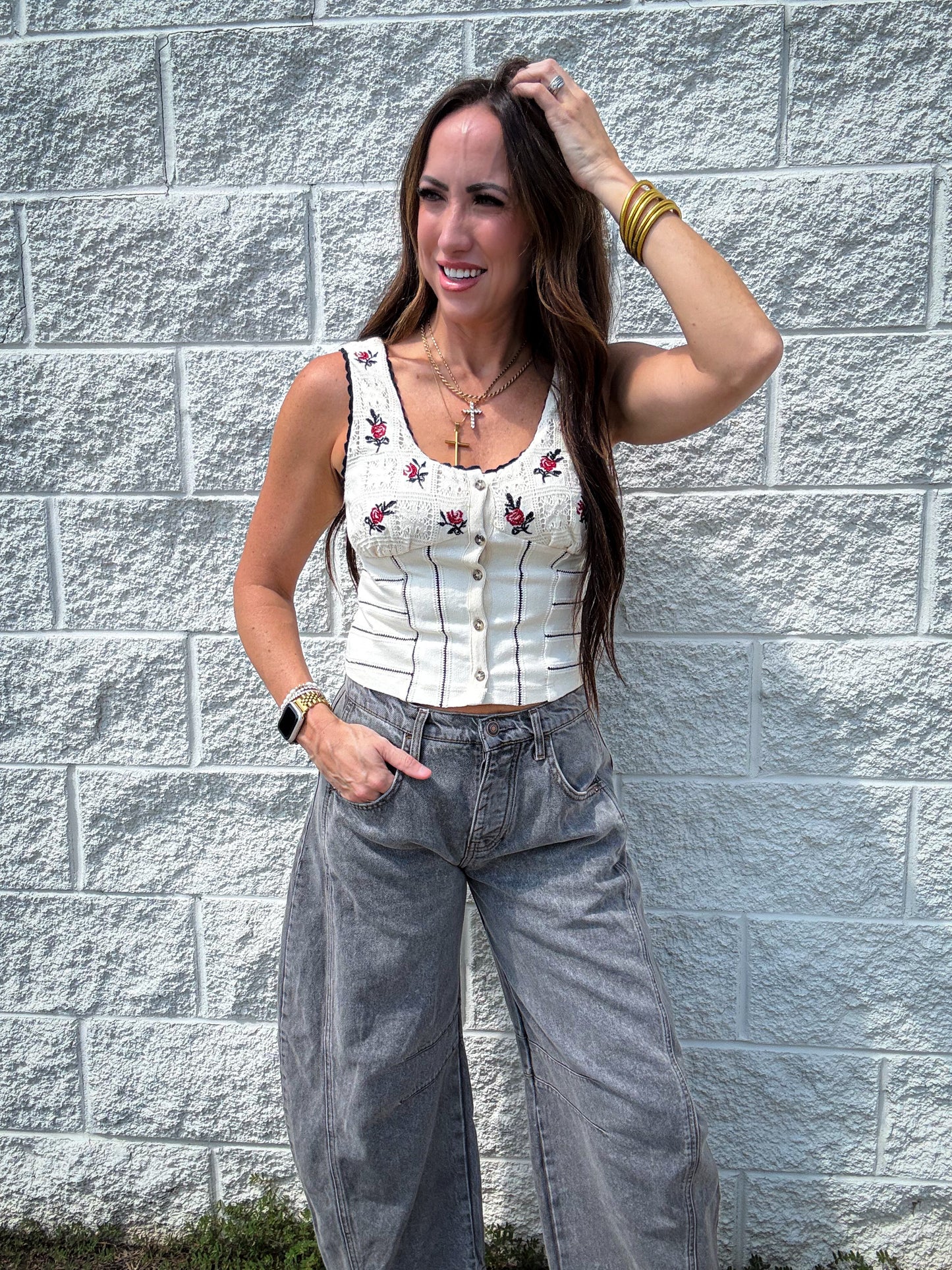 Free People - Rose Bud Knit Top - IVORY COMBO