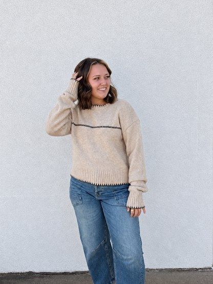 In The Details Contrast Stitch Sweater – Tan & Black