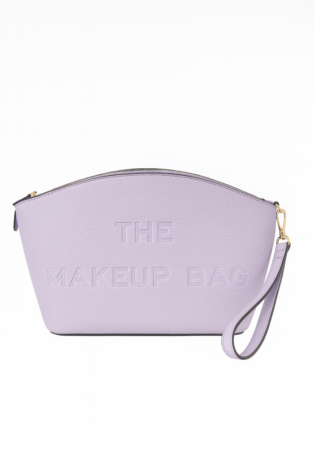 Lavender makeup bag featuring “THE MAKEUP BAG” embossed on the front