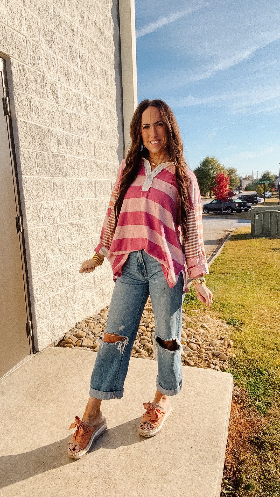 Free People - Aster Stripe Tee  - Pink Combo