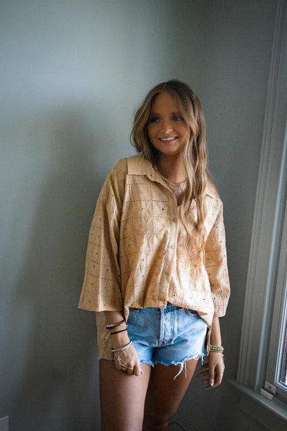 Golden Tan Eyelet Button Down Top