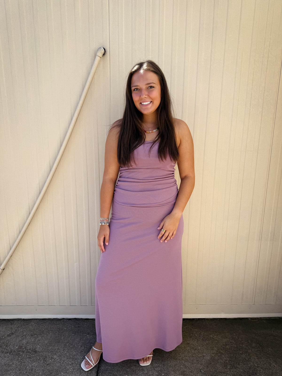 Mauve Moment Strapless Ruched Midi Dress