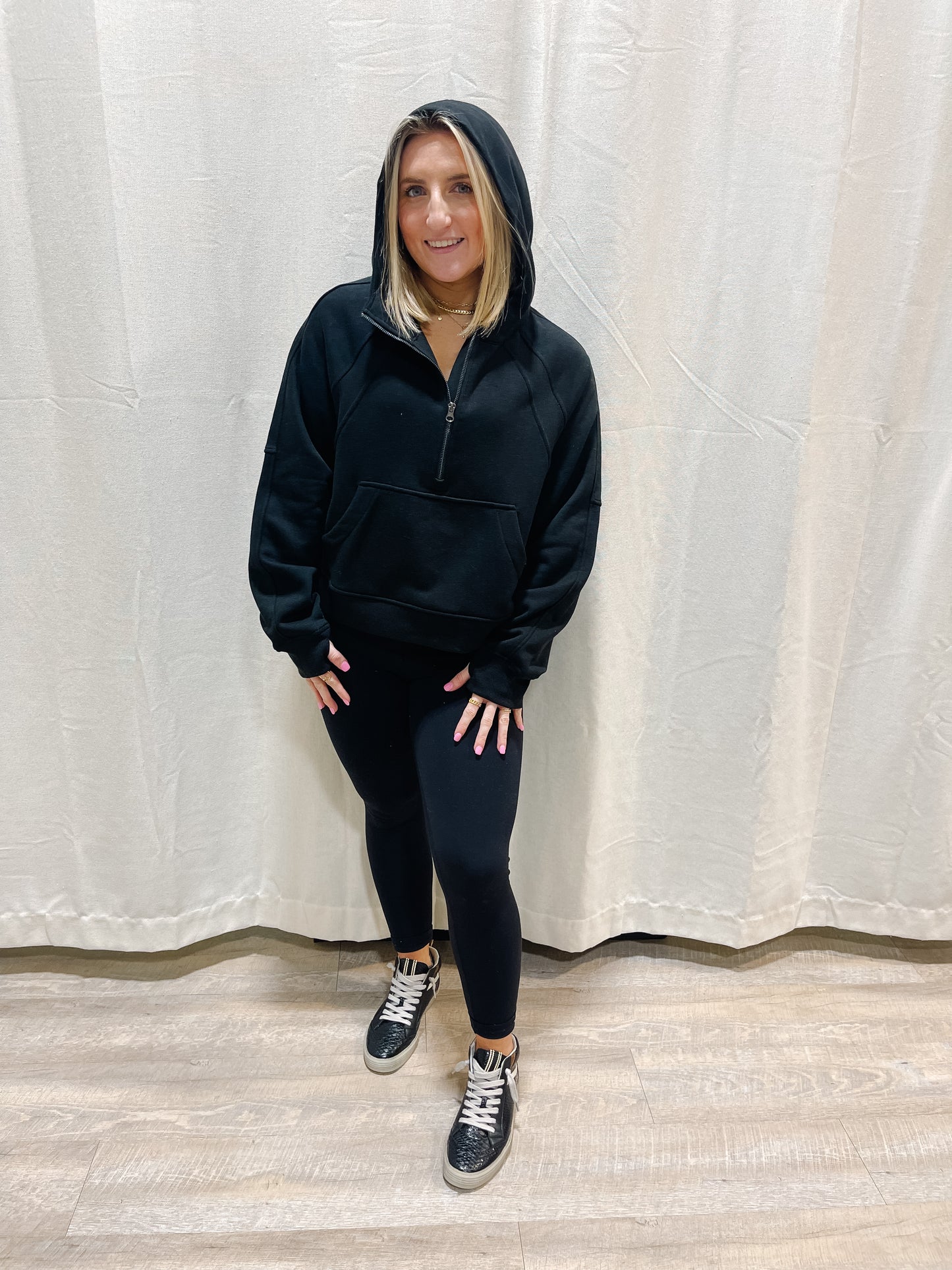 Essential Half-Zip Hoodie - BLACK