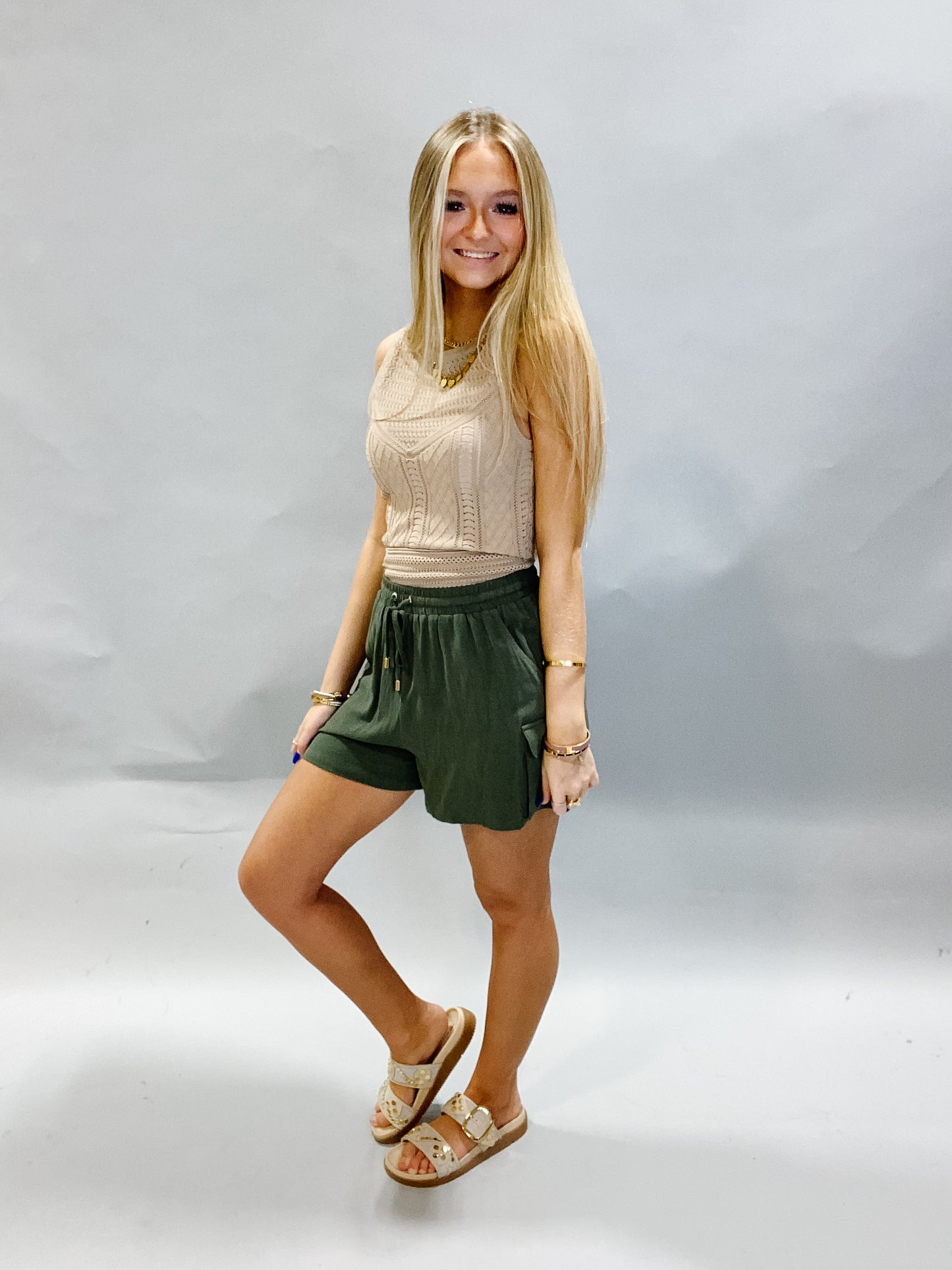 Olive Linen Cargo Shorts