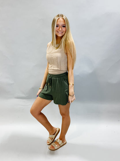 Olive Linen Cargo Shorts