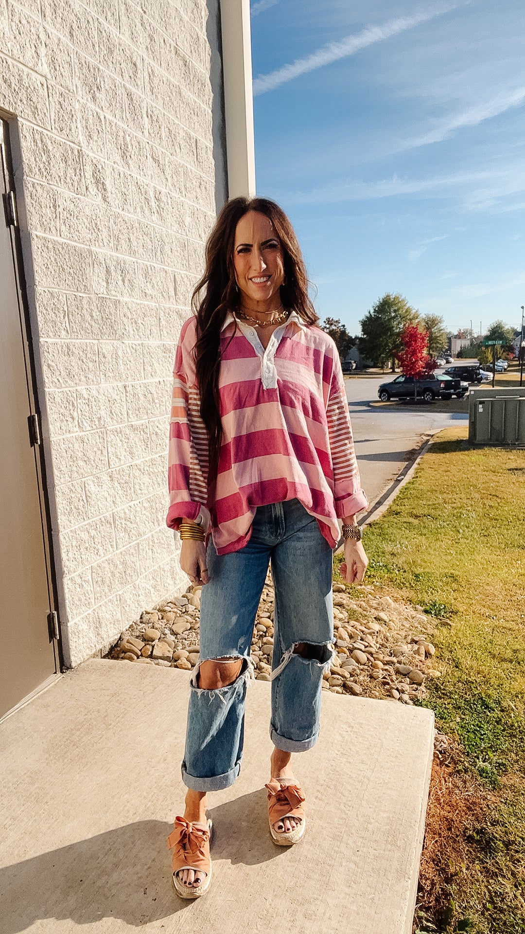 Free People - Aster Stripe Tee  - Pink Combo