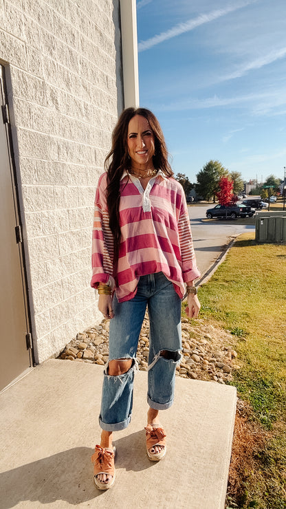 Free People - Aster Stripe Tee  - Pink Combo