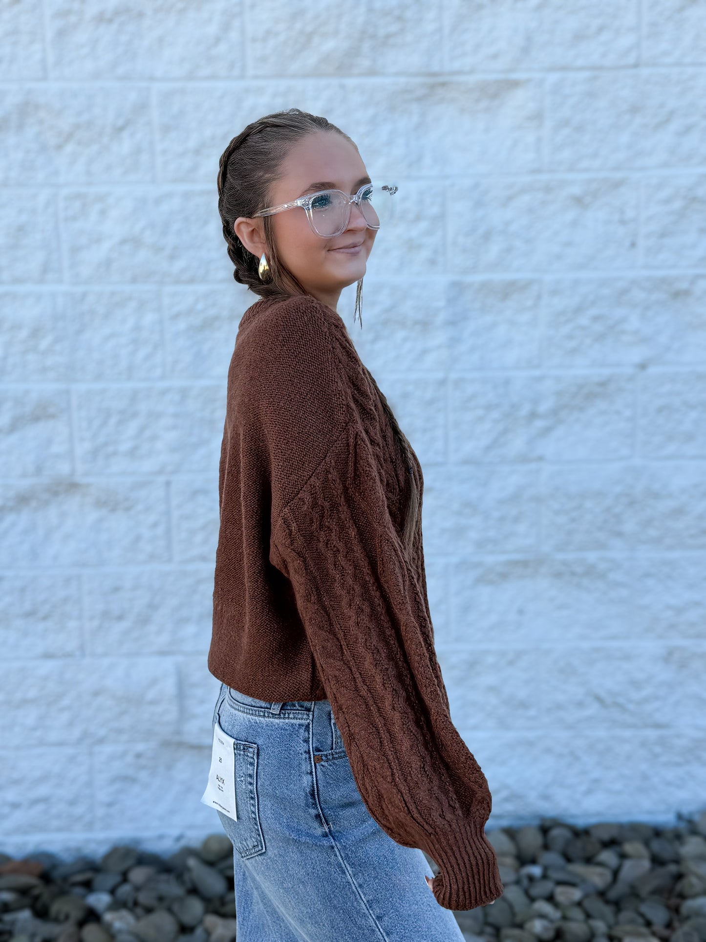 Cable Knit Balloon Sleeve Sweater - CHESTNUT