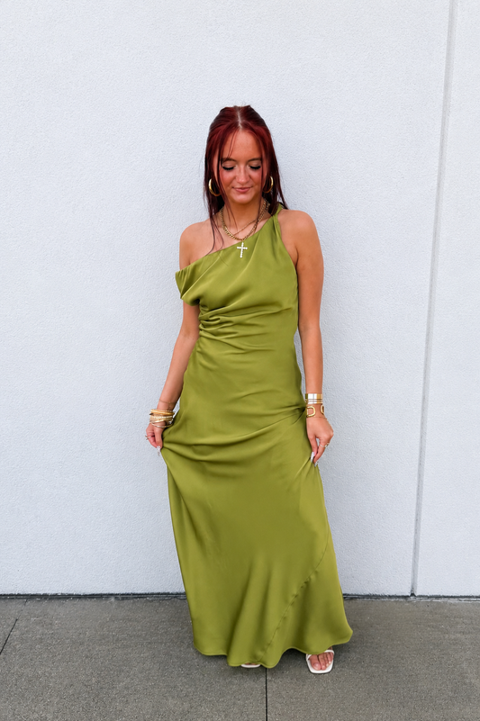 Olive Green Affair One-Shoulder Satin Ruched Maxi Dress
