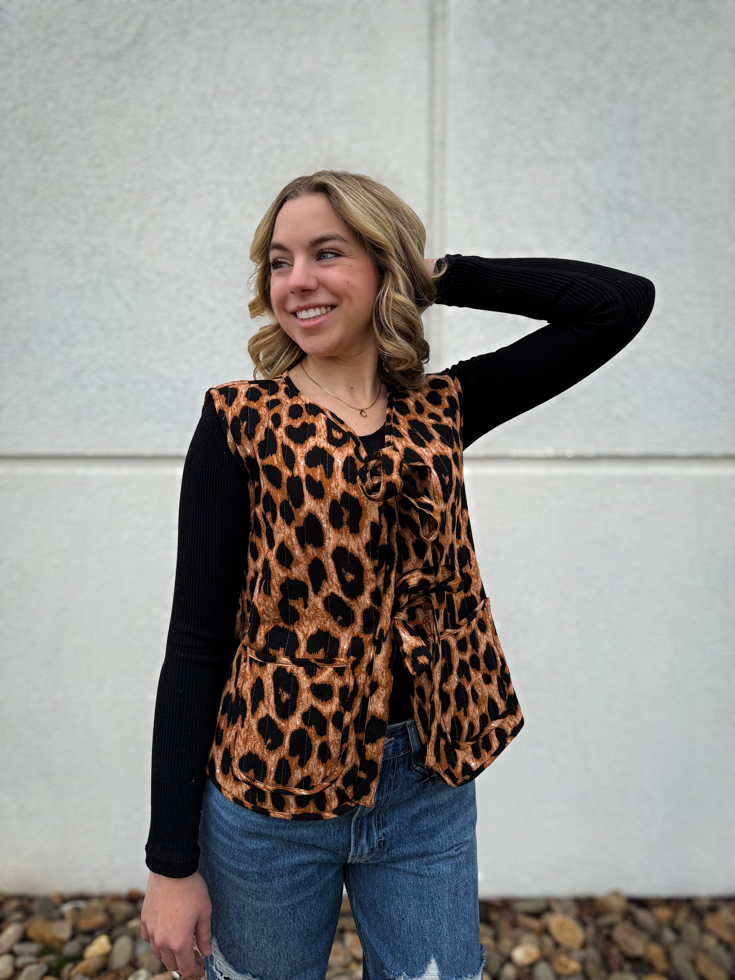 Leopard Quilted Vest with Bow Ties