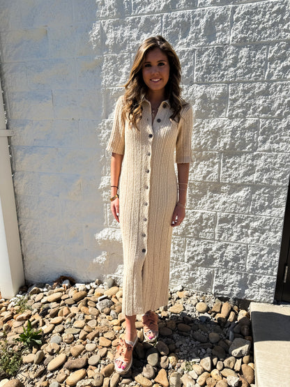 Soft Sand Short Sleeve Textured Midi Dress