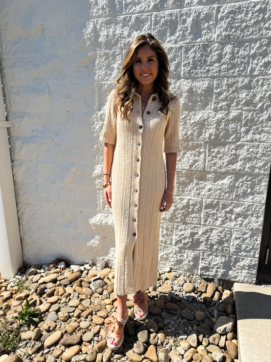 Soft Sand Short Sleeve Textured Midi Dress