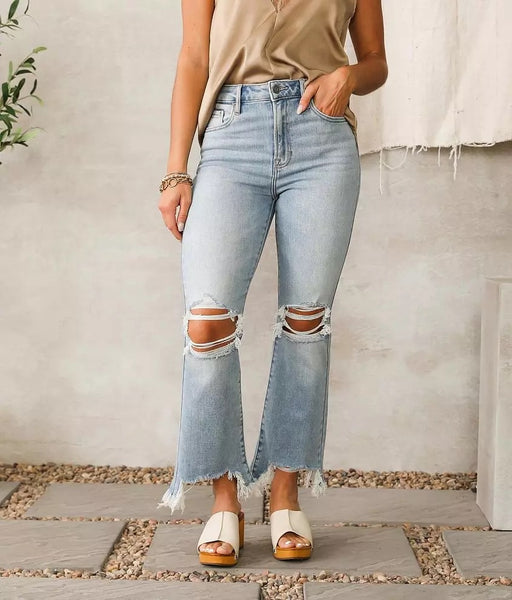HIDDEN - Happi High Rise Knee Distressed Frayed Cropped Flare