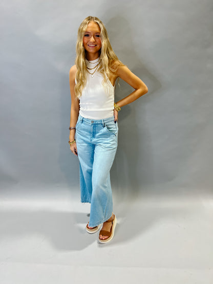Carefree Ribbed Mock Neck Halter Tank - OFF WHITE