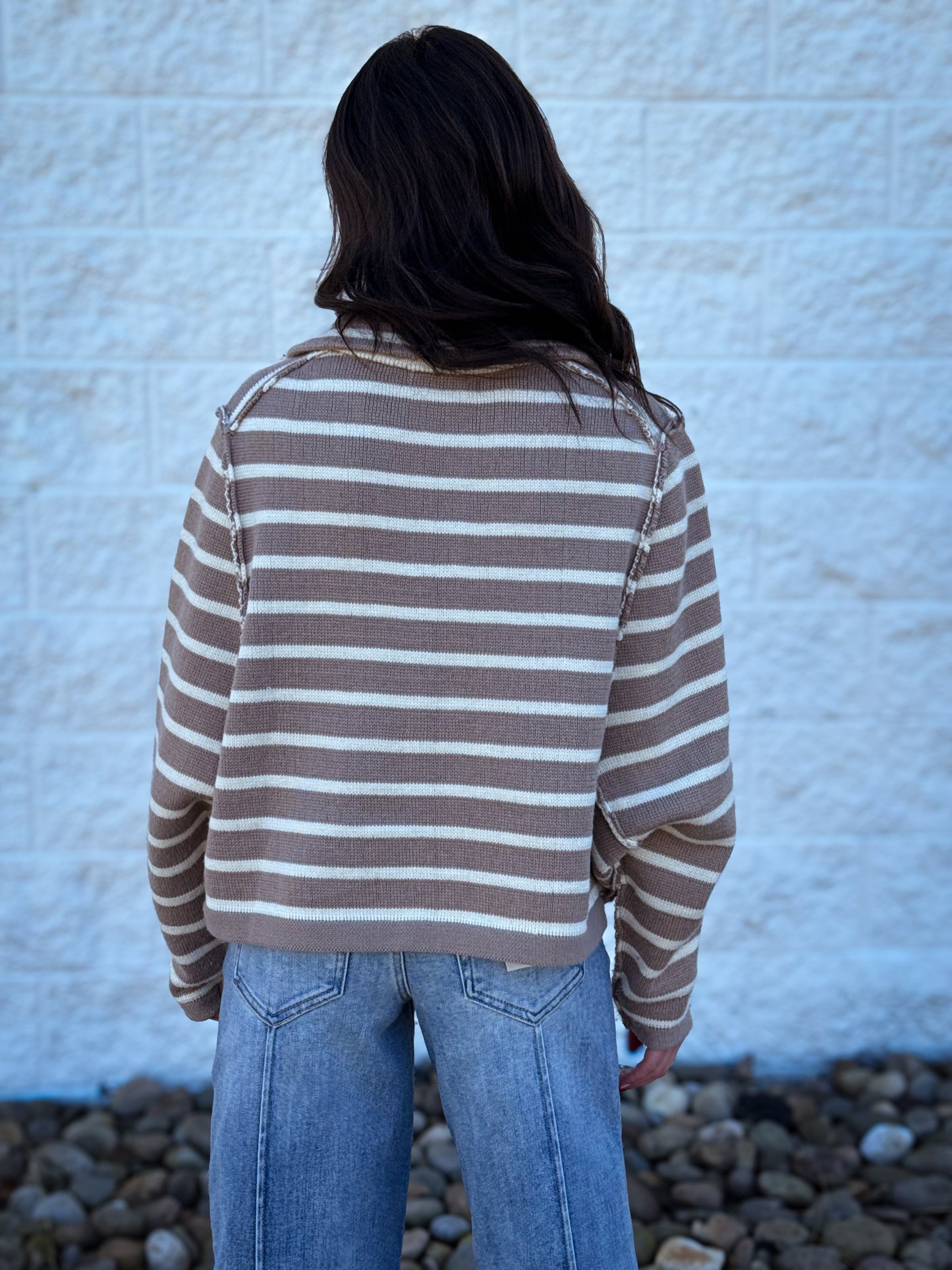 Stripe Ease Knit Sweater Cardigan- TAUPE/CREAM