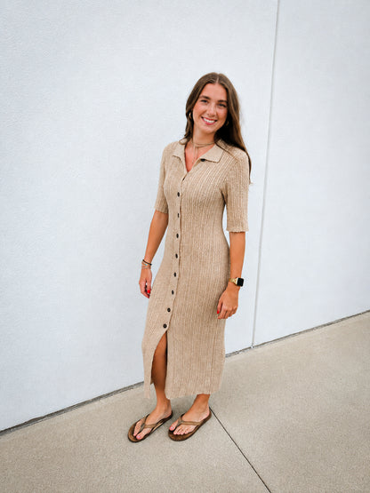 Soft Sand Short Sleeve Textured Midi Dress