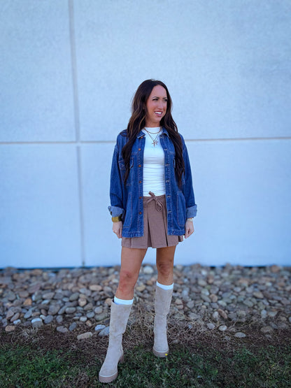 Spiced Cider Plaid Pleated Skort with Waist Tie