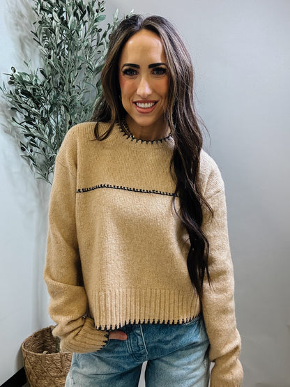In The Details Contrast Stitch Sweater – Tan & Black