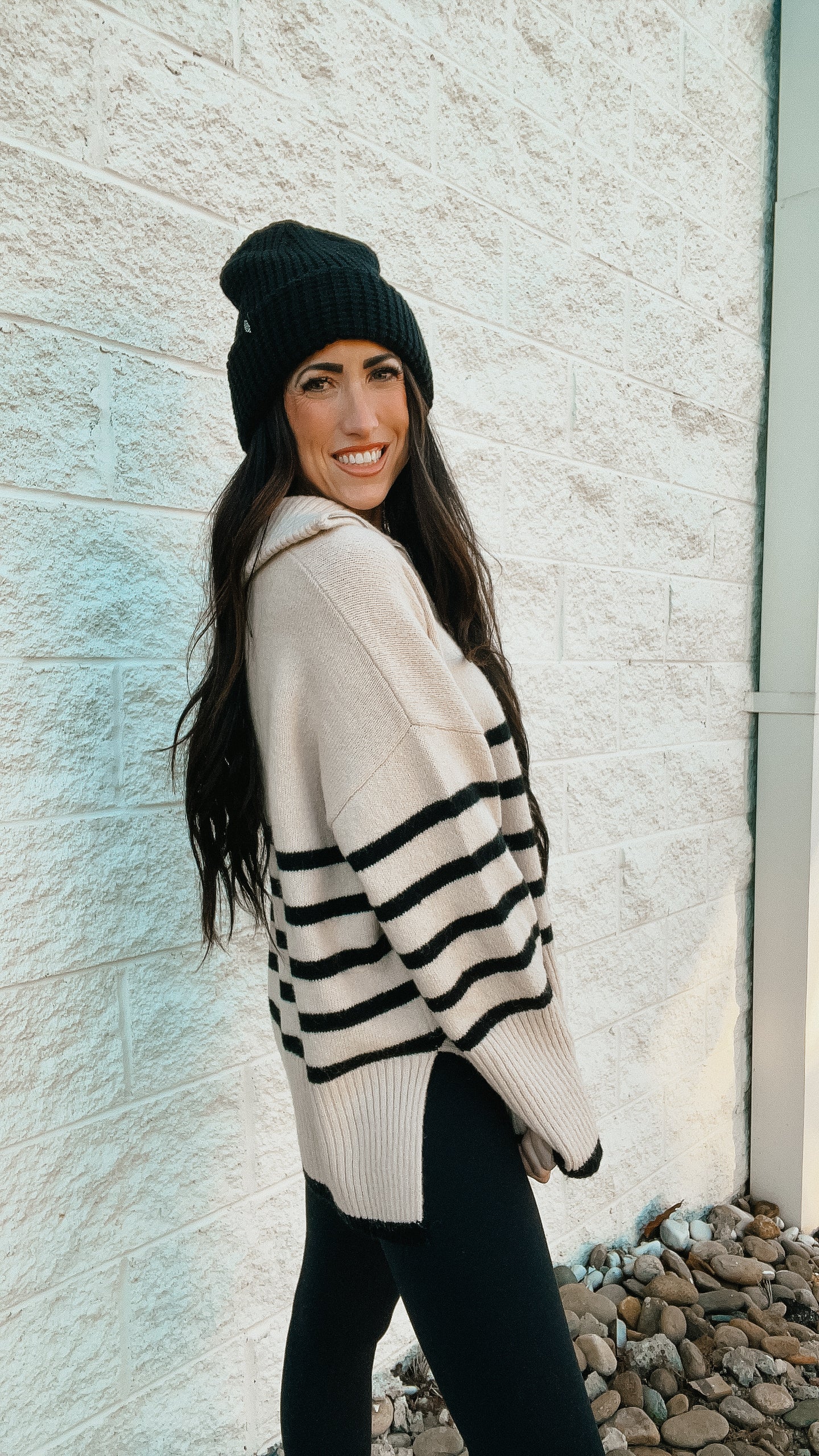 Coastal Cream and Black Stripe Quarter Zip Up Sweater