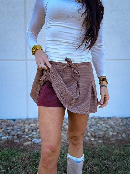 Spiced Cider Plaid Pleated Skort with Waist Tie