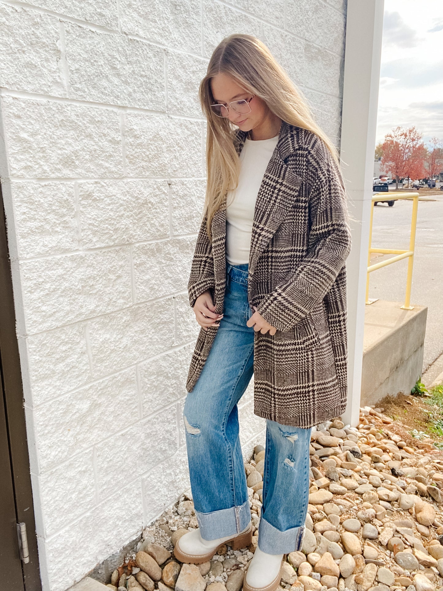 Cedar Ridge Houndstooth Plaid Coat - Brown/Cream